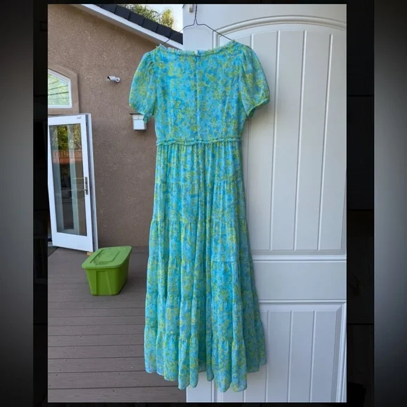 Likely 70s 60s blue & green selkie puff sleeve regency prom wedding guest dress - Picture 3 of 7